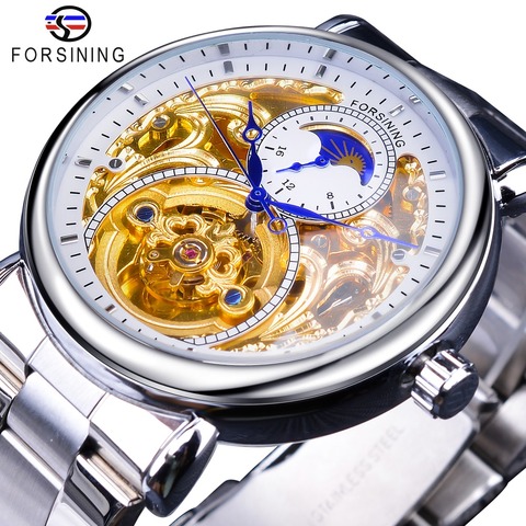 Forsining-Reloj de pulsera de acero inoxidable para hombre, de esqueleto dorado, blanco, azul, plateado, diseño mecánico, resistente al agua, 2022 ► Foto 1/6