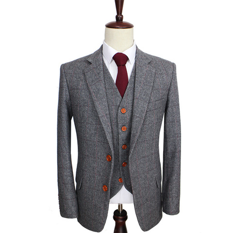 Traje de lana Retro gris espiguilla Tweed estilo británico hecho a medida para hombre, Blazer de corte Delgado a medida, trajes de boda para hombres de 3 piezas ► Foto 1/6
