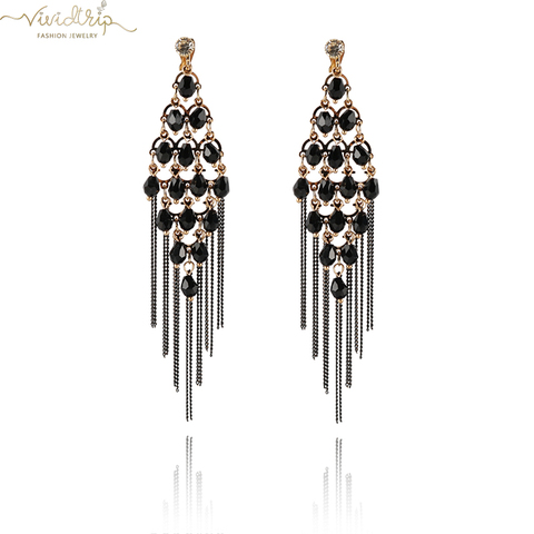 Pendientes colgantes de borla larga para mujer, cadena de Metal de cristal negro AAA, sin perforaciones, Clips para las orejas, joyería, Color dorado ► Foto 1/6