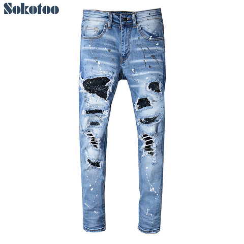 Sokotoo-pantalones vaqueros rasgados para hombre, Vaqueros rasgados azules claros con cristales de imitación, ajustados, elásticos ► Foto 1/6
