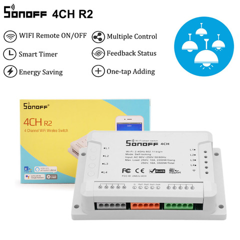 Interruptor inteligente Sonoff 4CH R2 4 Gang Wifi, interruptor electrónico de 4 canales IOS Android App Control, funciona con Alexa Google Home ► Foto 1/6