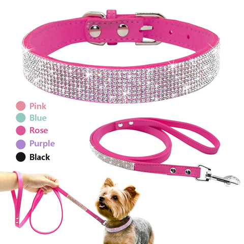 Didog-Collar de cachorro de cuero de ante, correa ajustable con diamantes de imitación para gato, Collar para salir a caminar, correas para mascotas pequeñas y medianas XS S M ► Foto 1/6