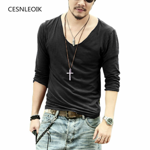 Camiseta informal de manga larga de algodón con cuello en V de alta calidad para hombre talla S M L XL XXL Q017 ► Foto 1/4