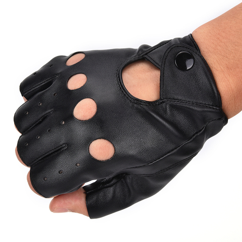 1 par de guantes de moda de motor Punk Unisex negro PU mitones de cuero sin dedos mujer sólida medio dedo conducir mujeres hombres ► Foto 1/6