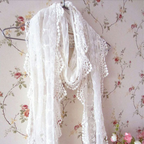 Bufanda larga bordada Floral para mujer, ribete de encaje de malla, chal, bufanda, moda ► Foto 1/6