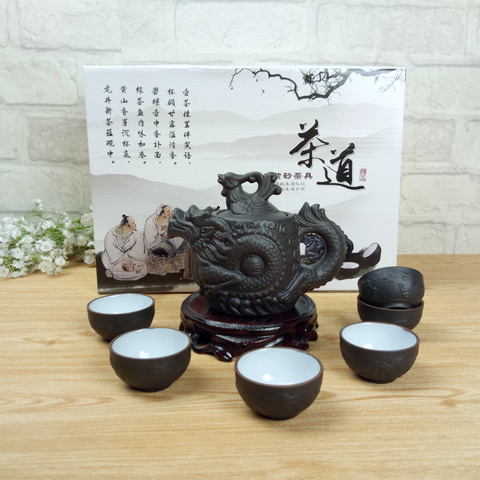 Juego de té de Kung Fu, tetera de cerámica china, 210ml, 1 tetera de té de Dragon Gongfu + 6 tazas de té chino Ceremonia regalo de poca capacidad ► Foto 1/1