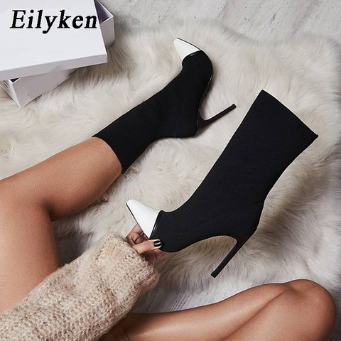 Eilyken 2022 nueva tela elástica de Arriva botas de tobillo de mujer de Punta puntiaguda tacones altos deslizantes Sexy calcetines tacones Chelsea botas size35-42 ► Foto 1/6