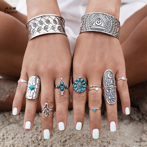 Tocona-Conjunto de 9 anillos bohemios con diseño de Luna y flecha para mujer, Color plata antigua, conjunto de anillos de girasol para mujer, joyería de talla 3304 ► Foto 1/6