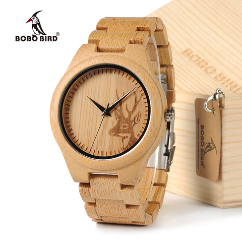 Relojes de madera de bambú Natural BOBOBIRD D28 con esfera de grabado de cabeza de ciervo con correa de bambú para regalo ► Foto 1/6