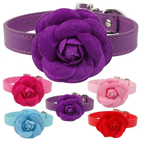 Pu cuero perro Collares lindo Masajeadores de cuello con la flor para pequeñas Perros perrito Rosa rojo púrpura azul Rosa Masajeadores de cuello para 8-18