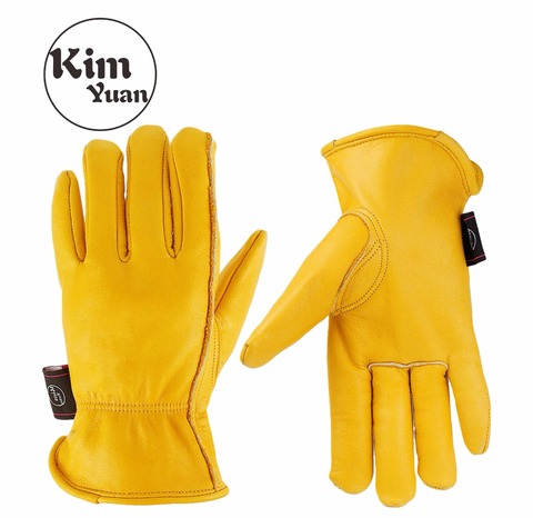 KIM YUAN 008 guantes de trabajo de cuero dorado para jardinería/corte/construcción/motocicleta, hombres y mujeres, con muñeca elástica ► Foto 1/6