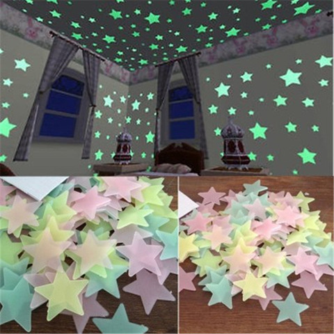 Pegatinas de pared luminosas de estrellas 3D que brillan en la oscuridad, pegatinas de pared fluorescente para habitación de bebé, dormitorio, decoración del techo del hogar, 50 Uds. ► Foto 1/5