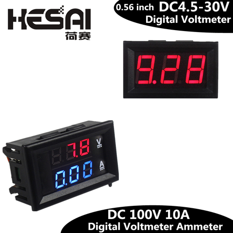 0,56 pulgadas Mini voltímetro Digital amperímetro DC 100V 10A voltímetro medidor de corriente probador azul + rojo doble pantalla LED ► Foto 1/5
