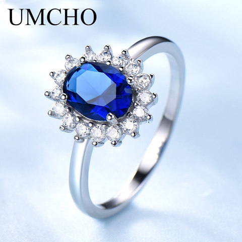 Anillo de compromiso romántico de Plata de Ley 925 para mujer, anillo de compromiso de lujo UMCHO Azul zafiro Princesa Diana ► Foto 1/6