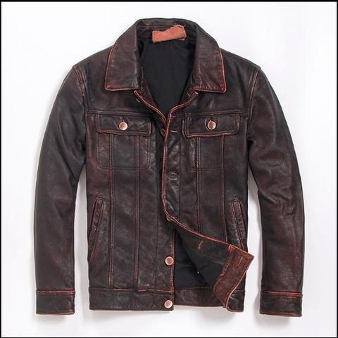 Chaqueta de piel auténtica de talla grande para hombre, abrigo clásico de piel de vaca de estilo vintage, ropa ajustada de vaquero de calidad, envío gratis ► Foto 1/3