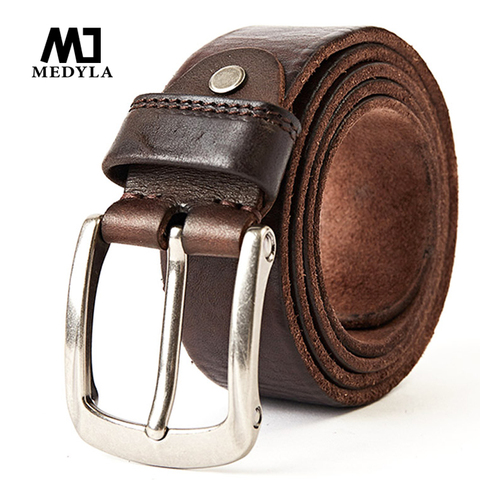 MEDYLA-Cinturón de cuero de alta capa para hombre, cinturones informales de diseño hecho a mano, hebilla de Pin, de piel auténtica, MD619 ► Foto 1/6