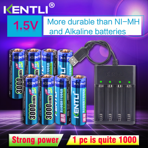 KENTLI 8 piezas 1,5 v 3000mWh AA batería recargable de Li-polímero Li-Ion de la batería de polímero de litio + 4 ranuras USB inteligente cargador ► Foto 1/6