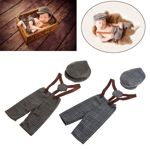 2022 nuevo conjunto de pantalones largos y sombreros accesorios para fotografía de recién nacidos, Traje a cuadros para bebés, pequeños caballeros ► Foto 1/6