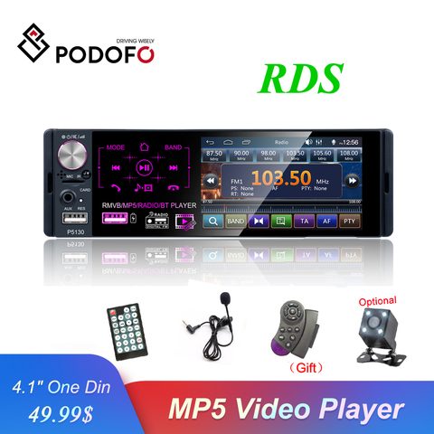 Podofo-Radio para coche P5130, 1Din, RDS, reproductor Multimedia MP5 con pantalla táctil de 4 