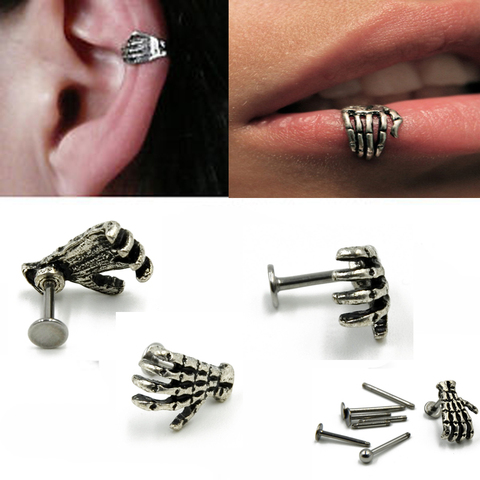 1 piezas 16G Punk cráneo forma diablo mano Kylie labio anillo oído Stud Piercing joyería de anillo esqueleto Plam de ► Foto 1/6