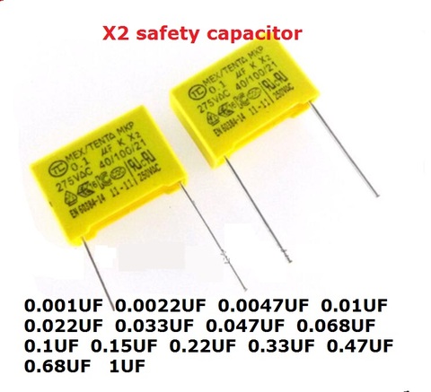 10PC X2 seguridad condensador 275VAC 0,1 uf 0.001uf 0,0022 uf 0,0047 uf 0,01 uf 0.033uf 0.022uf 0.047uf 0.068uf 0,1 uf 0,15 uf 1uf 0,68 UF ► Foto 1/1