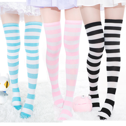 Harajuku japonés azul y blanco media a rayas Kawaii Chica de Anime Miku Lolita medias de muslo alto medias ► Foto 1/6