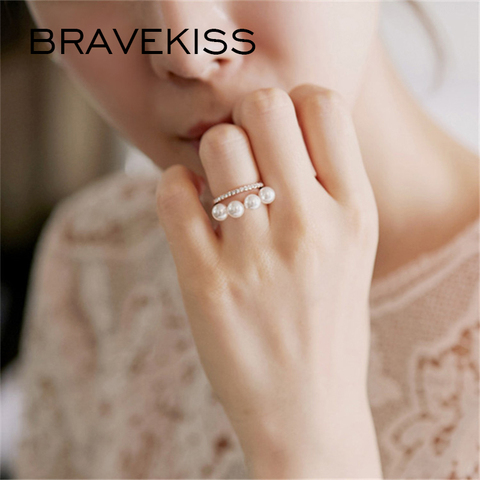 BRAVEKISS-anillos de perlas simuladas para mujer, 2 colores, doble capa, piedra de lujo CZ con anillo abierto, joyería PR0199 ► Foto 1/5