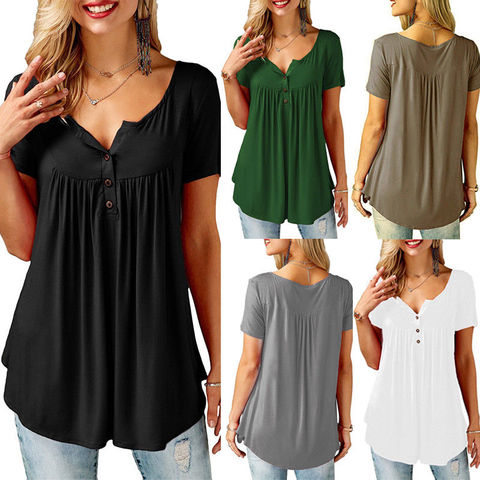 Mujeres Casual manga corta suelta camisetas Color sólido botón plisado túnica Tops v-cuello femenino pullover tops ropa de verano ► Foto 1/1