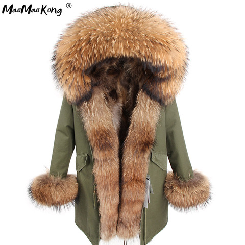 Maomaokong-abrigo de piel auténtica de zorro para mujer, chaqueta de invierno, Parka larga, Cuello de piel de mapache Natural, capucha gruesa y cálida, Parkas con forro de piel Real ► Foto 1/6