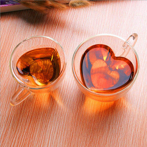 Mini taza de café hecha a mano, cristal transparente de doble pared resistente al calor en forma de corazón, doble capa, 1 Uds. ► Foto 1/6