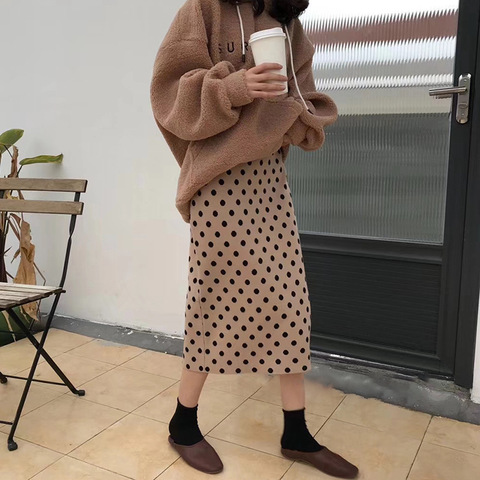 2022 Faldas para mujer en otoño de cintura alta tejidas Falda larga ajustada Faldas Jupe Femme Saia Dots Print mujer Sexy falda lápiz ► Foto 1/6