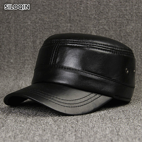 SILOQIN-Sombrero de piel auténtica para hombre, gorros militares de piel de oveja ajustables, gorra plana transpirable de Color sólido Simple ► Foto 1/6