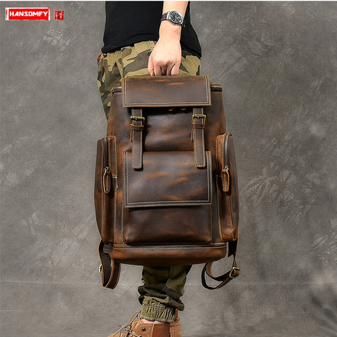 Mochila Retro de piel de Caballo loco para hombre, bolsa para ordenador de gran capacidad, bolsas para portátil de 15,6 pulgadas, mochilas de viaje de cuero genuino ► Foto 1/6