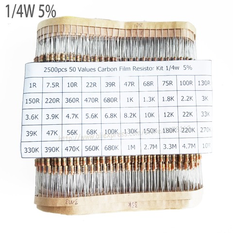 2500 unids/lote 1/4 W 0.25 W 5% Carbon Film resistor kit 50 valores surtido paquete Mix selección (1R-10M) ► Foto 1/2