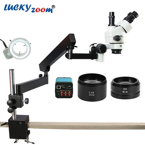 Luckyzoom 3.5X-90X Simul-Focuse brazo articulado estéreo Zoom Microscopio 14MP HDMI Cámara 144 LED luz Trinocular Microscopio ► Foto 1/6