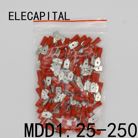 Terminales de conector rápido de pala aislada macho de MDD1.25-250, Terminal de crimpado AWG MDD1-250 100, unids/pack MDD ► Foto 1/2