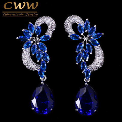 CWWZircons marca diseño único de Color plata de circón cúbico gota piedras largo real azul pendientes para las mujeres CZ234 ► Foto 1/6