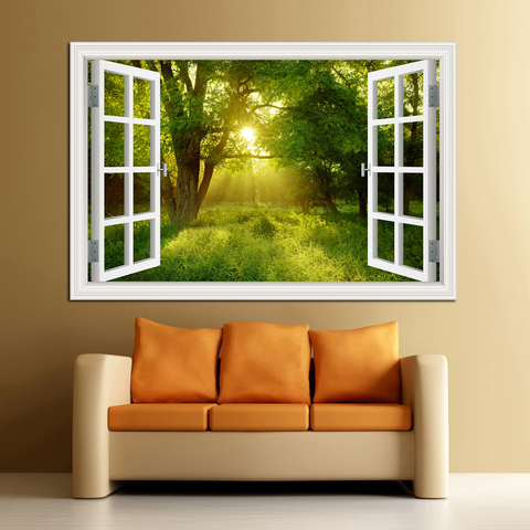 3D ventana Vista paisaje del Bosque en cuatro estaciones 3D pegatina de pared verde árbol dorado extraíble papel pintado decoración del hogar ► Foto 1/6
