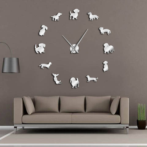 DIY Dachshund arte de pared Wiener-perro cachorro perro mascota sin marco reloj gigante de pared con efecto espejo salchicha perro reloj grande Reloj de pared ► Foto 1/6