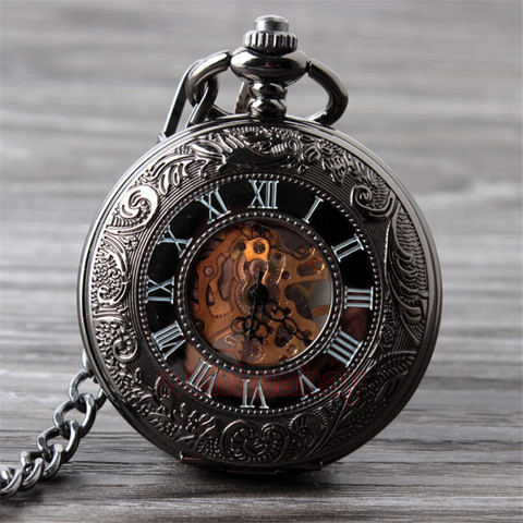 Vintage negro reloj de bolsillo mecánico del Mens clásico elegante hueco esqueleto mano viento Retro reloj colgante cadena FOB Relojes ► Foto 1/6
