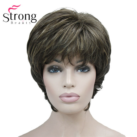 StrongBeauty-Peluca de cabello sintético para mujer, cabellera artificial de capas cortas, color marrón resaltado, Estilo clásico ► Foto 1/6