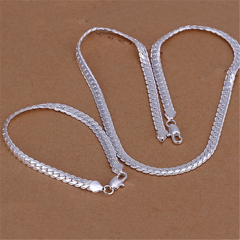 Caliente de color de plata conjuntos de joyas de moda de alta calidad encanto exquisito 5MM lado plano collar de cadena pulseras S085 ► Foto 1/1