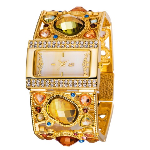 Señoras de oro reloj de la pulsera con agraciada multicolor decoración del diamante, mujeres de moda los relojes ► Foto 1/6