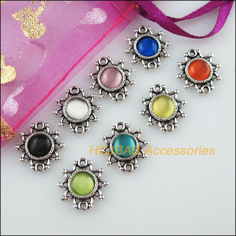 16 Uds Flor de plata tibetana mixto de ojo de gato colgantes amuletos con piedra conectores 14x15mm ► Foto 1/4