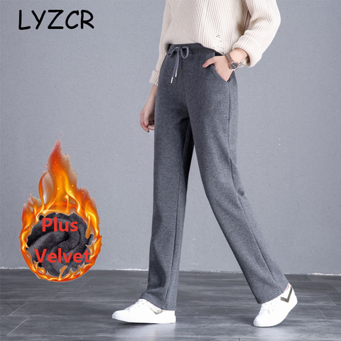 LYZCR-pantalones de pierna ancha para mujer, pantalón de lana cálido para invierno, gruesos, de talla grande, holgados, rectos, de terciopelo, para otoño ► Foto 1/6