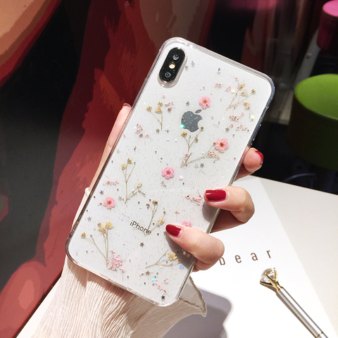 Funda de teléfono Qianliyao transparente con flores secas y purpurina para Samsung Galaxy S20, S10, S9, S8 Plus, Note 10, funda de flores reales a la moda ► Foto 1/6