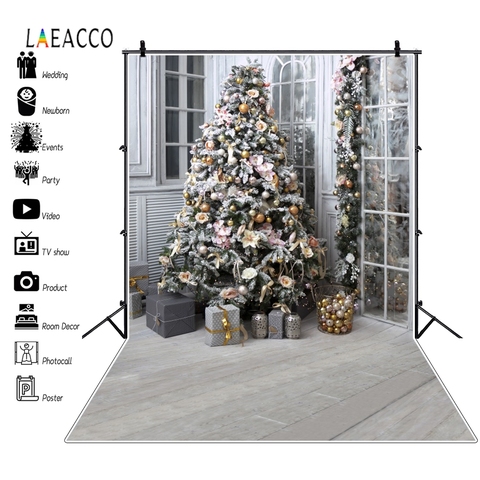 Laeacco árbol de Navidad bola ventana regalos piso de madera fotografía fondos foto fondos de Año Nuevo Fiesta retrato fotófono ► Foto 1/6