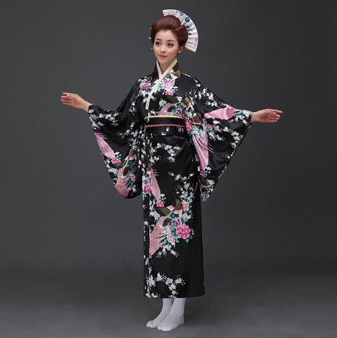 Sexy negro japonés vestido de noche de las mujeres seda rayón kimono yukata con Obi vestido de danza Cosplay traje flor un tamaño JK067 ► Foto 1/4