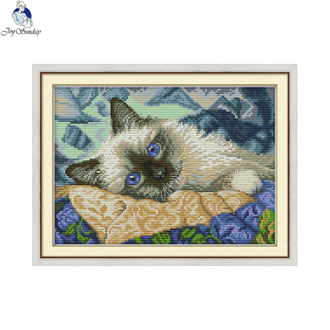 Kit de punto de cruz con diseño de gato de ojos azules, bordado de lienzo impreso preciso, DMC 14ct y 11ct ► Foto 1/6