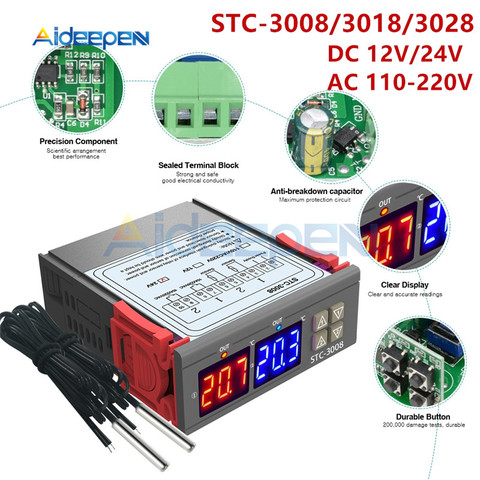 STC-3008 3018 3028 AC 110V 220V cc 12V 24V 10A controlador de temperatura Digital Dual higrómetro refrigeración de calefacción dos salidas de relé ► Foto 1/6
